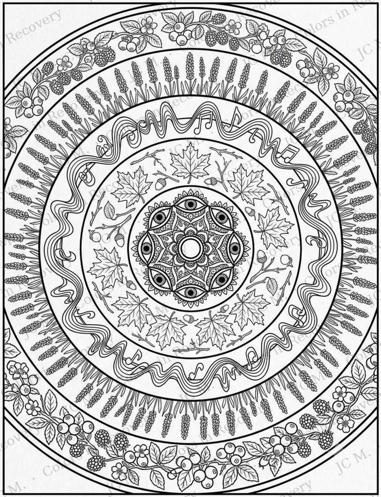 Line art of a circular mandala built from berries, grain, ribbon and maple leaves.