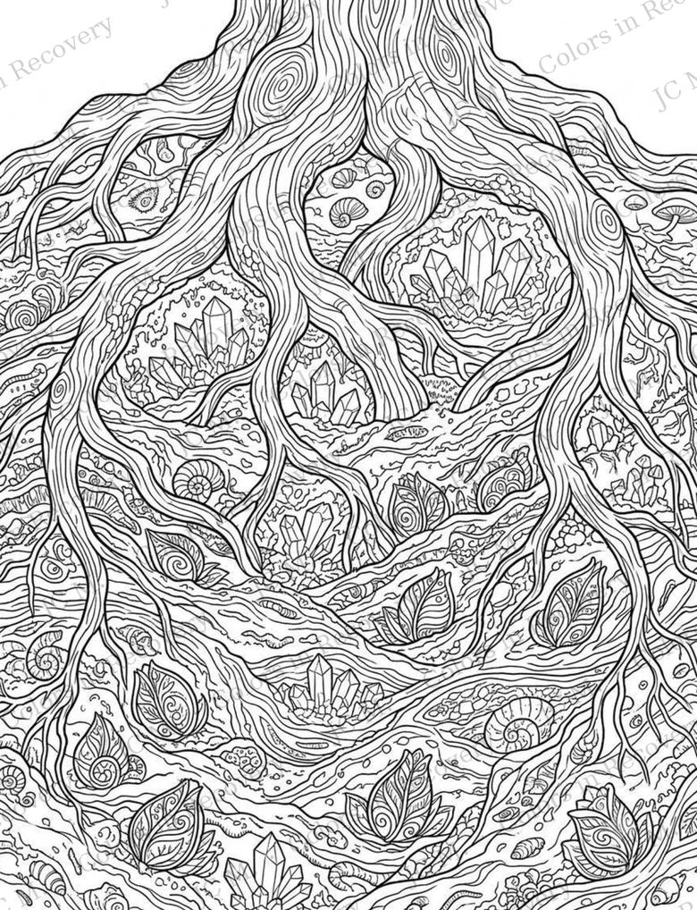 Line art of a great tree whose roots spread down through crystals, leaves and stones.