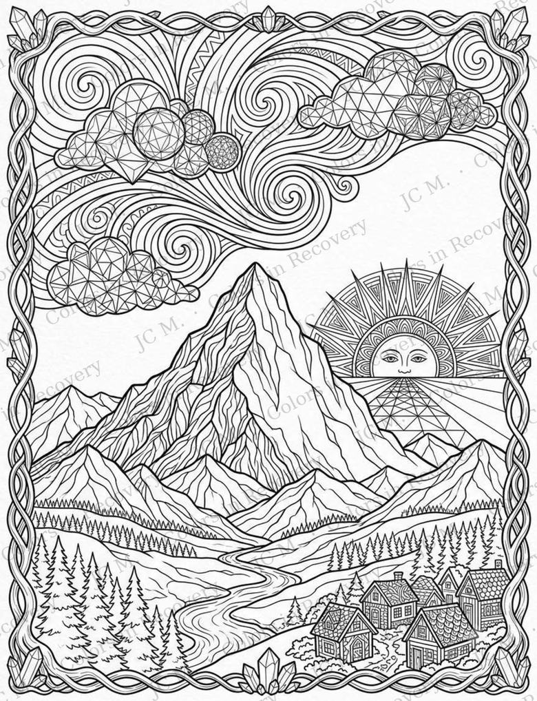 Line art of a mountain with a smiling sun, winding river, pines and cabins inside a braided border.
