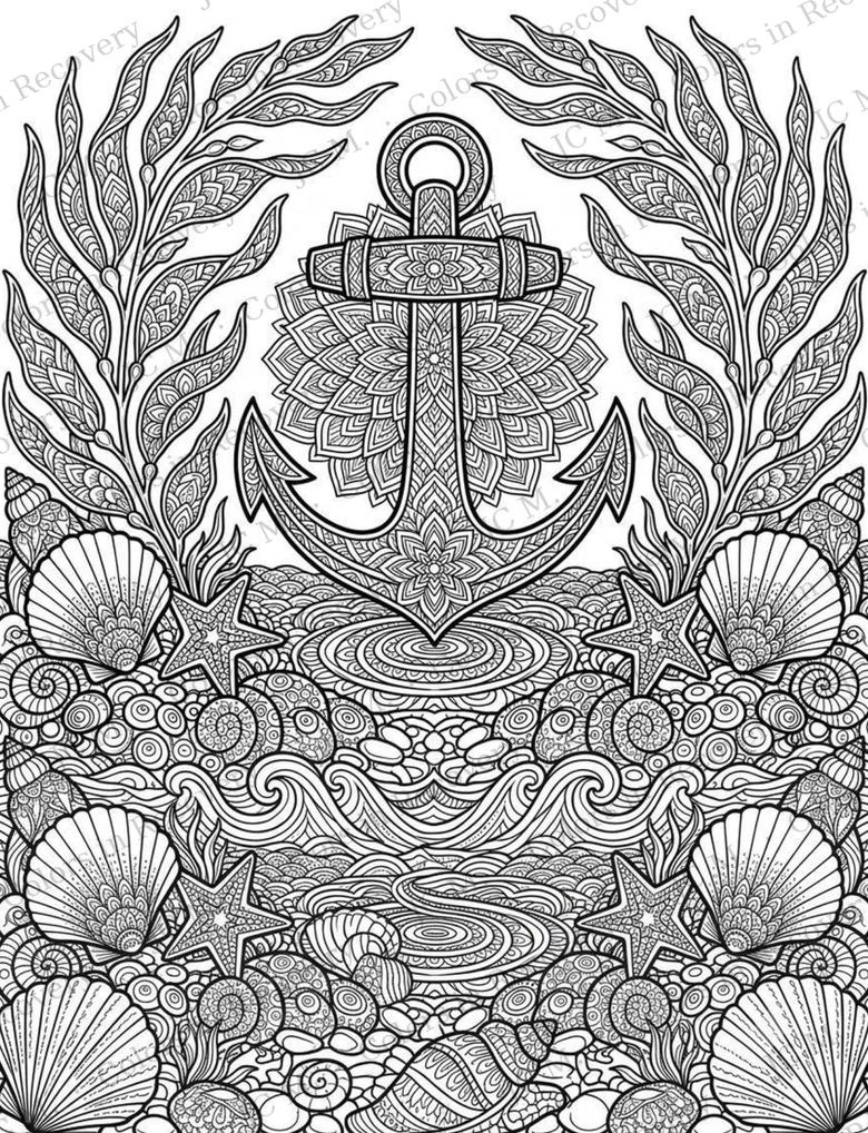 Line art of an ornate anchor with a mandala behind it, framed by kelp, shells and starfish.