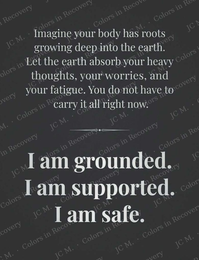 A dark reflection page about roots growing into the earth, ending with I am grounded. I am supported. I am safe.