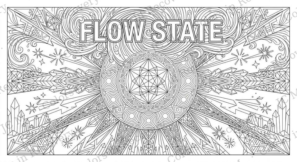 Line art of the words Flow state inside a starburst mandala of crystals and sparkles.
