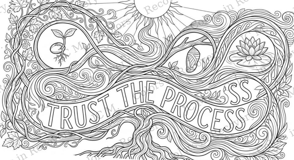 Line art of the words Trust the process on a ribbon forming an infinity loop with vines, a lotus and a rising sun.