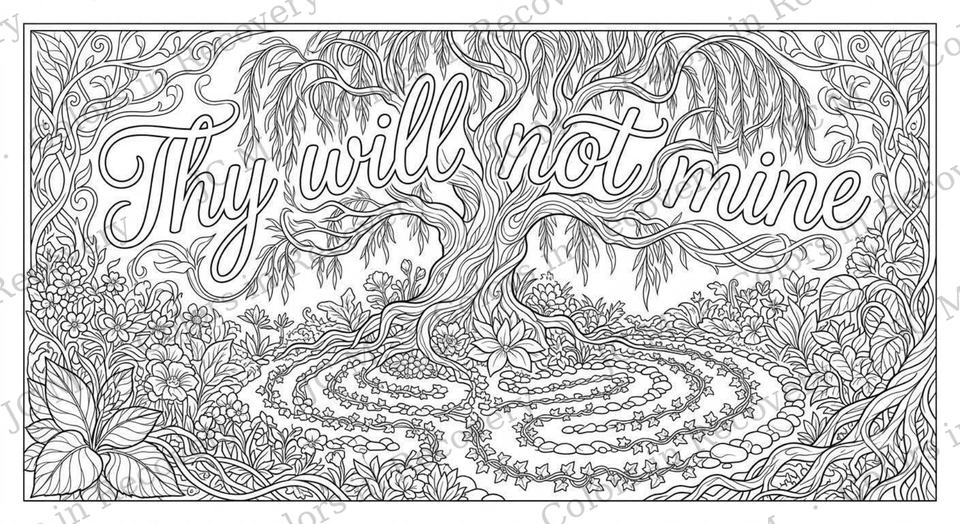 Line art of a winding path through willow-like trees, lettered Thy will not mine.