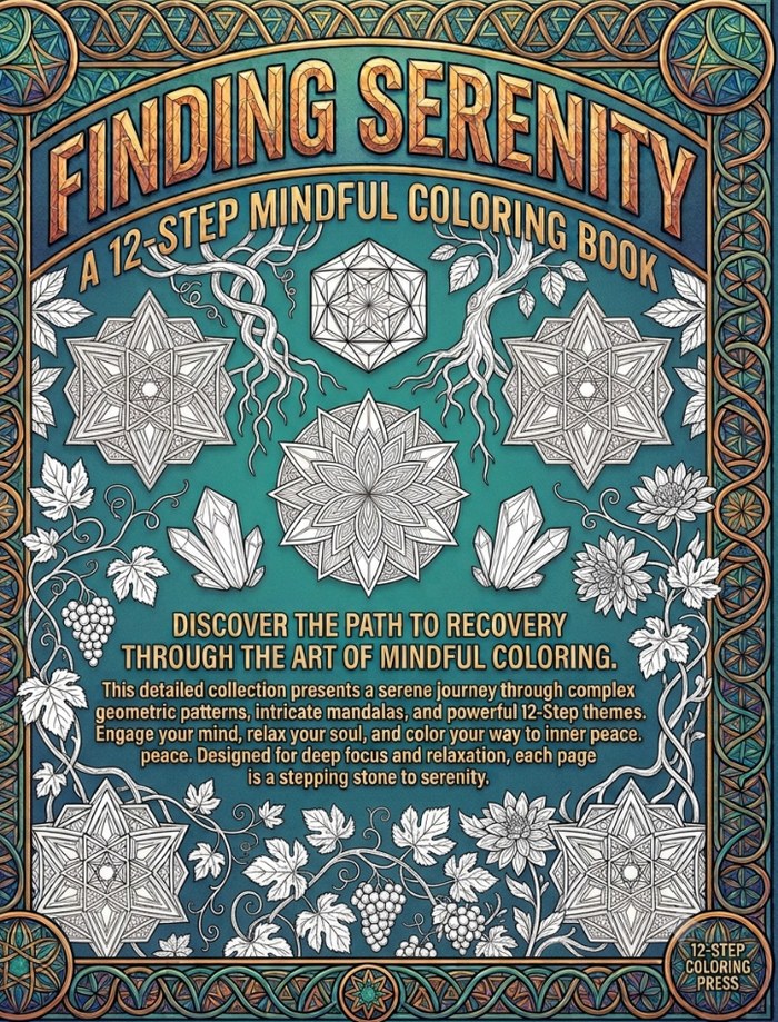 Cover of Finding Serenity: a teal and gold geometric mandala with gnarled trees, vines and a gold arched title