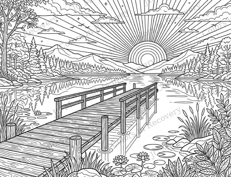 Line art of a wooden pier running toward a sun drawn in concentric rings, with pines and reflections.