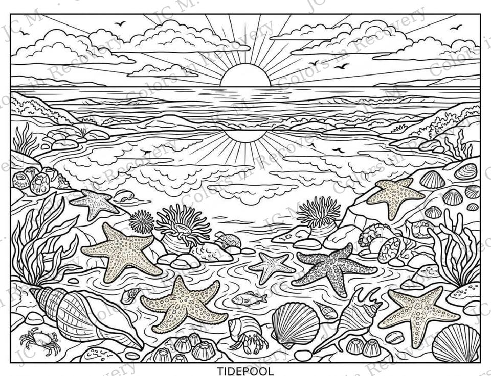 Line art of a tidepool of starfish, shells and anemones beneath a low sun, labeled Tidepool.