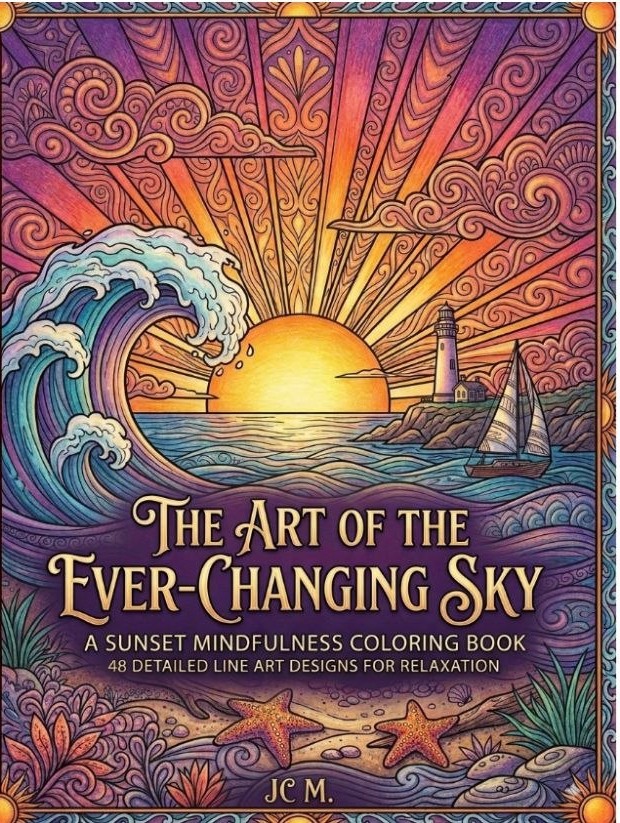 Cover of The Art of the Ever-Changing Sky: a glowing sunset with radiating rays, a great curling wave, a lighthouse on a rocky headland, a sailboat and starfish on the sand