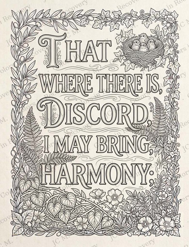 Line art of the line where there is discord, I may bring harmony, with a nest of eggs and heart-shaped leaves.