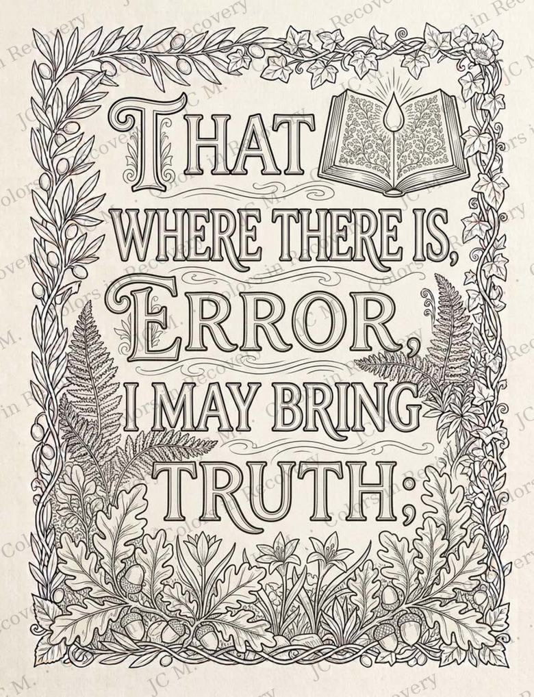 Line art of the line where there is error, I may bring truth, with an open book above oak leaves and acorns.