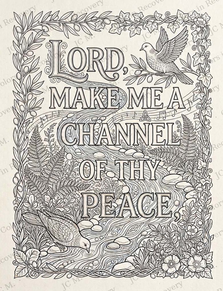 Line art of the line Lord, make me a channel of thy peace, with a dove, a stream of stones and ferns.