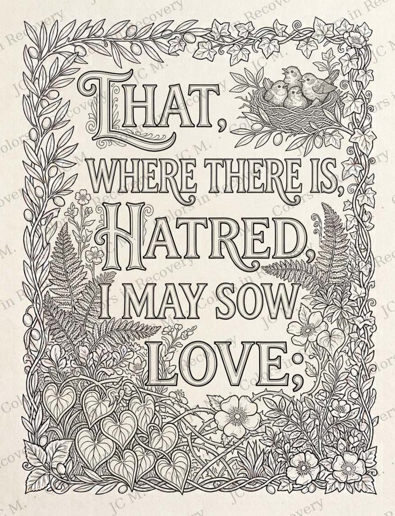 Line art of the line where there is hatred, I may sow love, with a nest of chicks.