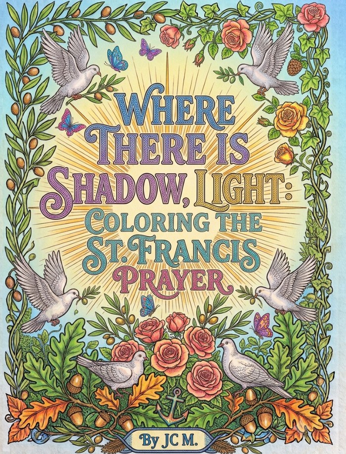 Cover of Where There Is Shadow, Light: ornate title lettering in front of a golden sunburst, framed by vines, roses, doves and butterflies